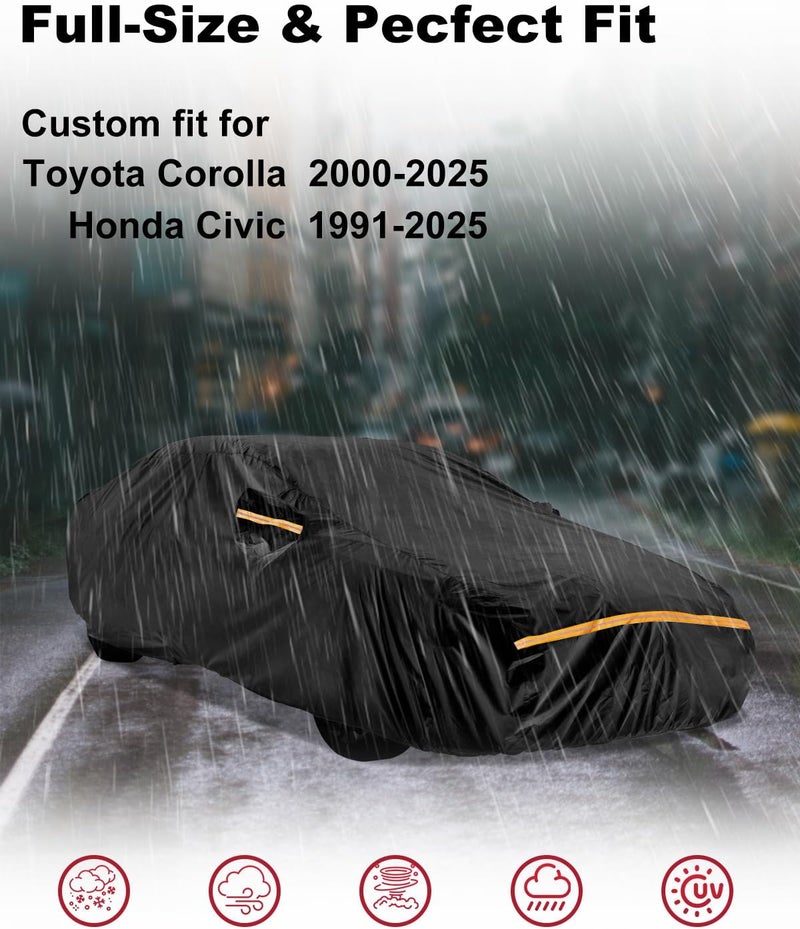 INSAUTO Car Cover for Toyota Corolla 2000-2025, Honda Civic 1991-2025 | Heavy Duty Outdoor Full Exterior Cover | Sun, Rain, UV, Dust, and Snow Protection with Door Zipper (Black) - Image 2